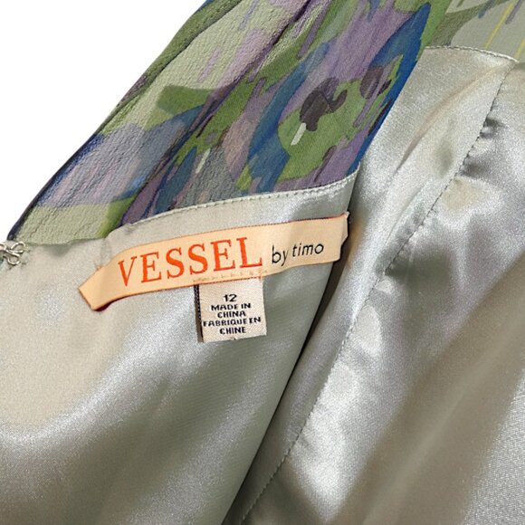 Vessel by Timo  Flowy 100% Silk Green Abstract Print Lace Inset Dress Size 12 - Picture 9 of 12